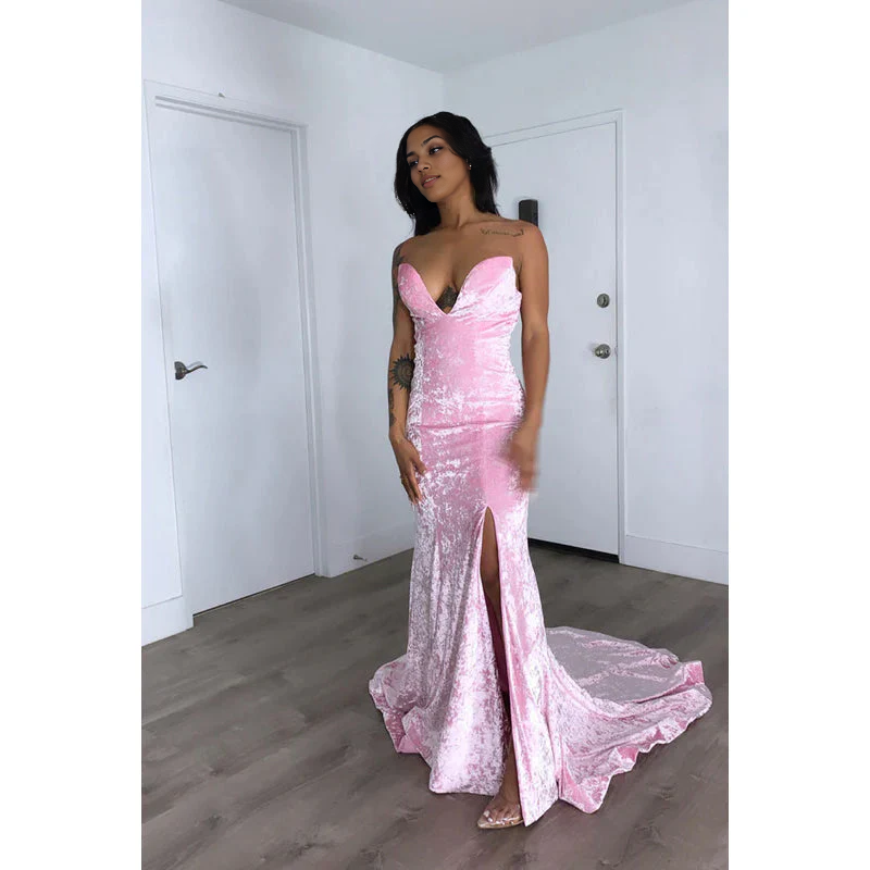 Vestido formal Weitese para mujer, escote corazón, sin tirantes, sin mangas, de terciopelo, vestido de noche largo con abertura, vestido de fiesta, vestidos de graduación, tiendas.